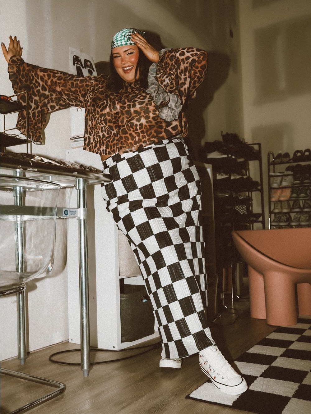 Dressed In Lala Santorini Midi Maxi Plisse Skirt in Black White Check - Picture 2 of 14
